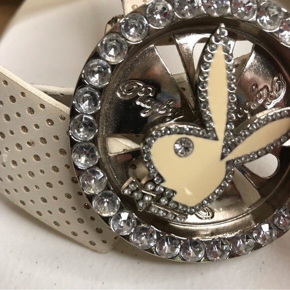 Vintage Playboy Y2K Bunny Spinner Rhinestone Enamel Buckle Bling Belt Off White main image 13